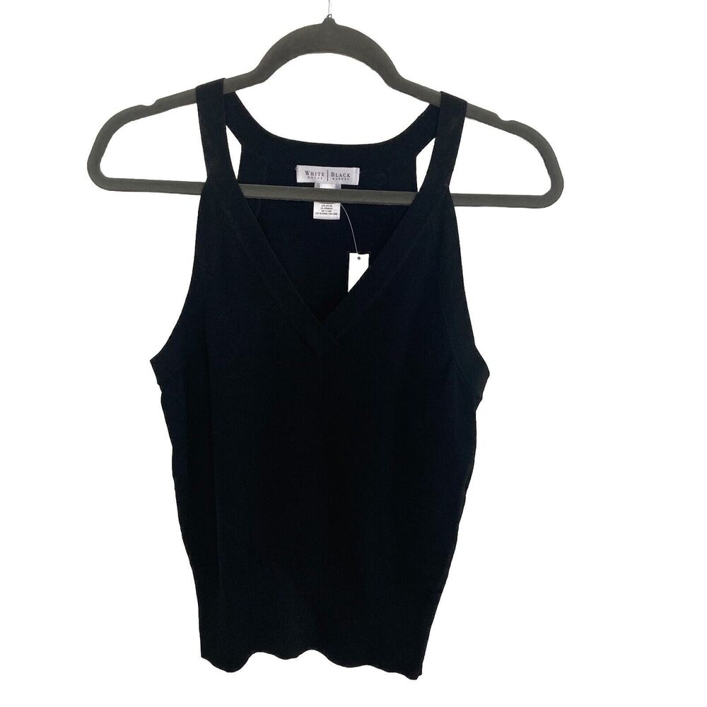 White House Black Market -V- Neck Black Sleeveless Sweater Rayon Nylon  Sz M NWT
